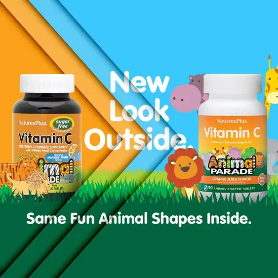 NaturesPlus Animal Parade Sugar-Free Children's Vitamin C, Natural Orange Juice Flavor - 90 Chewable Animal Shaped Tablets, Pack of 2 - Immune Support - Gluten Free - 90 Servings