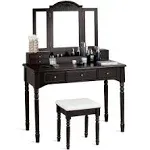 Tri-Folding Mirror Vanity Table Set with Stool - Brown