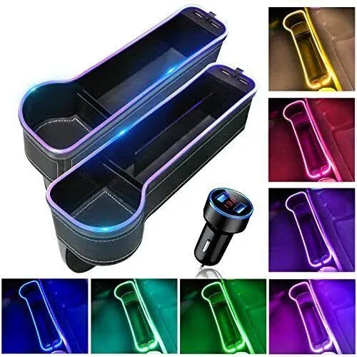 Tutor Auto Car Seat Gap Filler Organizer with RGB Color Changing Light Strip & USB Fast Charger, Car Gap Filler with Cup Holder for Truck Car Accessories (2 Pack)