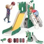 BIERUM 7 in 1 Toddler Slide, L-Shaped Kids Slide for Toddlers Age 1+ with Basketball Hoop and Ball, Ring Toss, Storage Space, Outdoor Indoor Slide Playset Toddler Playground Easy Assembly