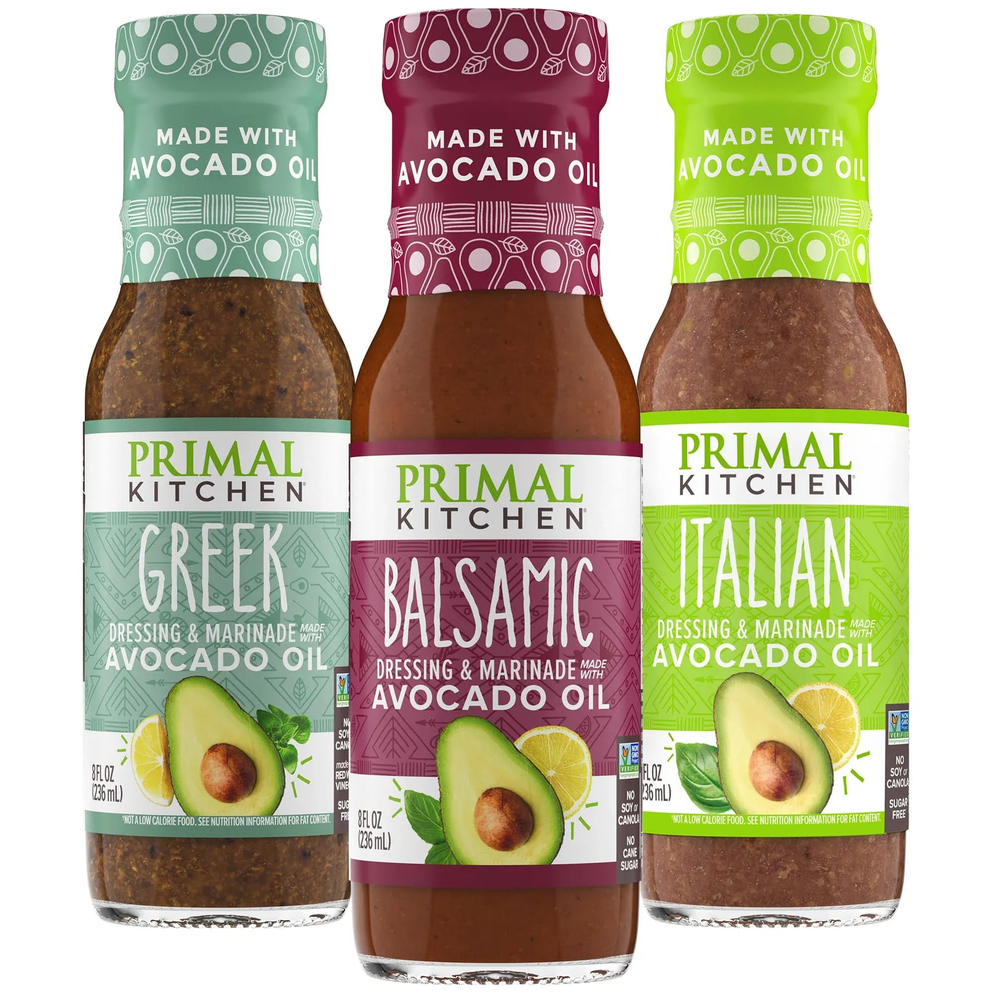 Primal Kitchen Italian Dressing, Balsamic Vinaigrette, and Greek Dressing & Marinade, Made with Avocado Oil, 8 Fluid Ounces, Variety Pack of 3