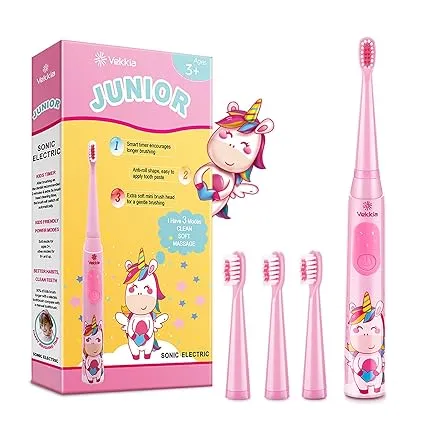 Vekkia Unicorn Jada Sonic Rechargeable Kids Electric Toothbrush, 3 Modes with Memory, Fun & Easy Cleaning, 31000 Strokes, Ipx7 Waterproof, 2-Min Timer