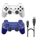 Rzzhgzq 2 Pack PS3 Wireless Controller Playstation 3 Controller Wireless Bluetooth Gamepad with USB Charger Cable for PS3 Console (BLUE+SILVER)