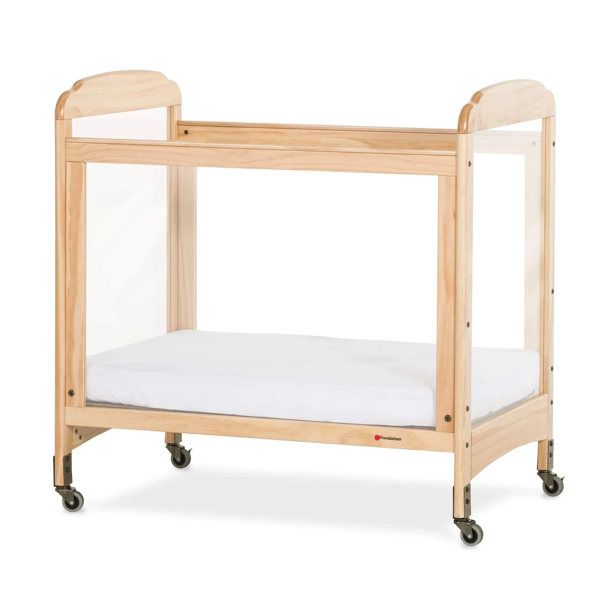 Foundations Next Gen Serenity 24" x 38" Natural Compact Fixed-Side Wood Crib with SafeSupport Frame, 4 ClearView Panels, and 3" InfaPure Mattress