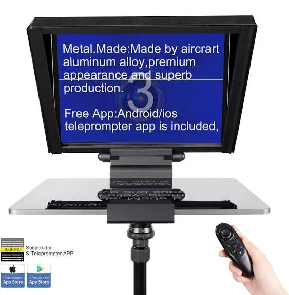 i7 /12 inch Teleprompter with Remote Control, Adjustable camera mounting platform Aluminum Made for 12.9" Tablets Rotatable Tempered Optical Glass includes carry case.