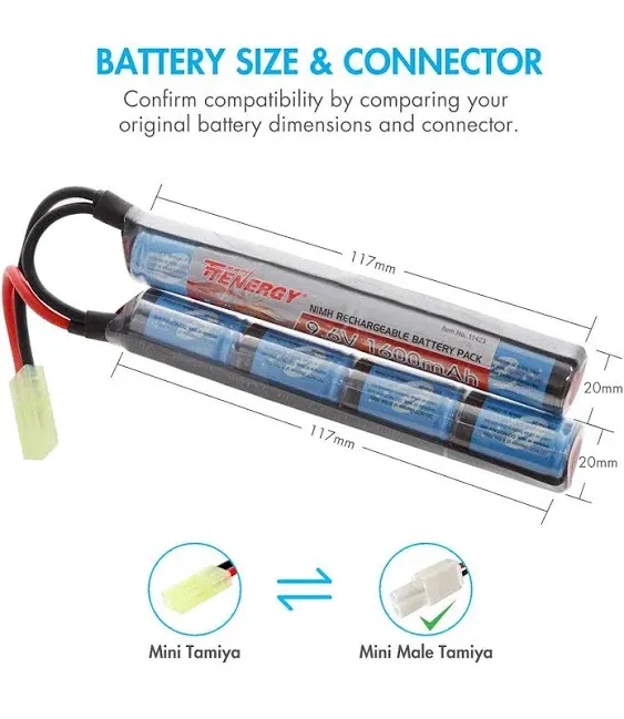 Tenergy RC Battery Charger and 9.6V NiMH 1600mAh Rechargeable Butterfly Battery Pack with Mini Tamiya Connector for AEGs