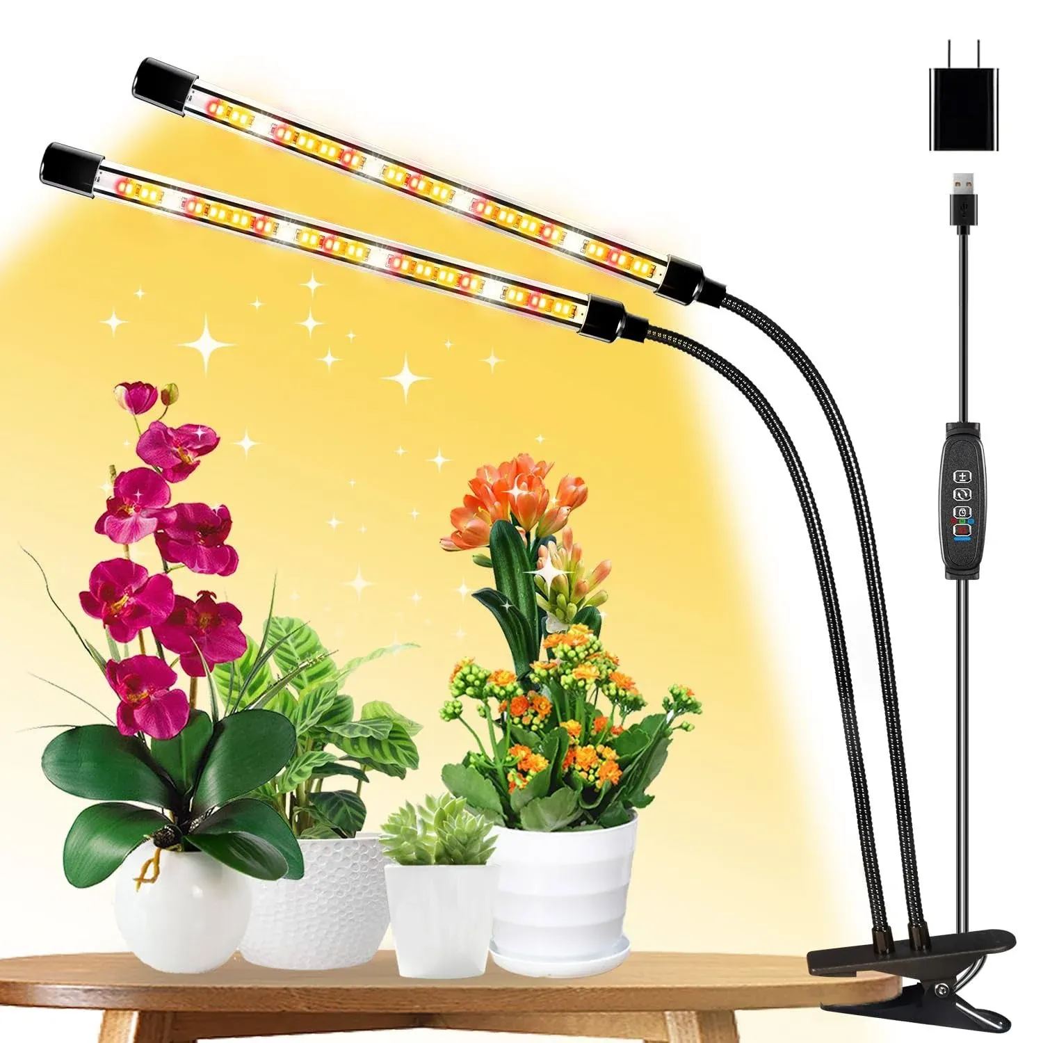 2 Heads Grow Light for Indoor Plants, 6500K Full Spectrum Plant Light with 6/12/18H Auto Timer, V-Shaped Design Light Strip, 5 Dimmable Levels, Plant Lamp Clip-on Desk for Indoor Plant Growing