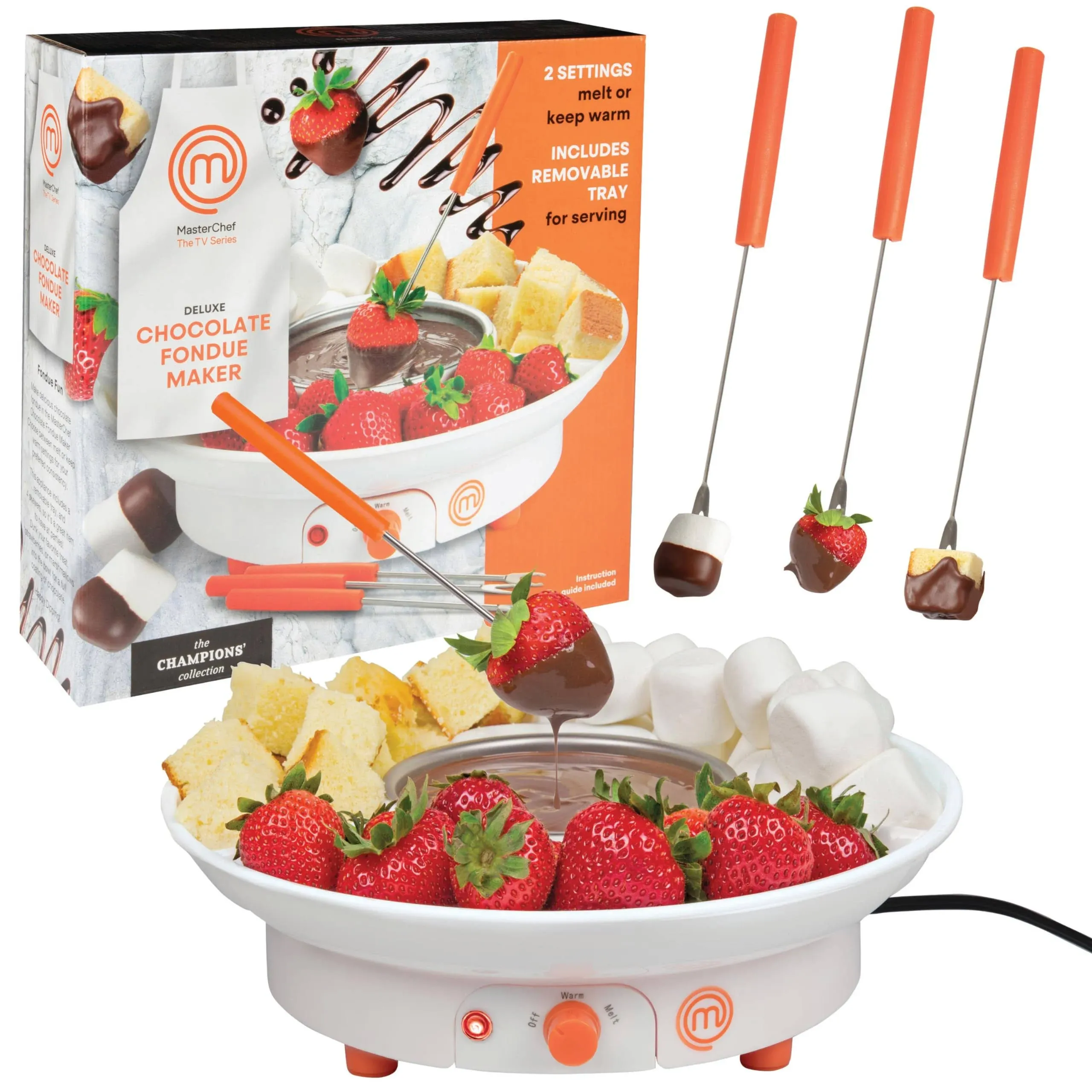 MasterChef Chocolate Fondue Maker- Deluxe Electric Dessert Fountain Fondue Pot Set w 4 Forks & Party Serving Tray -Melting, Warming Caramel, Cheese, Sauce, Romantic Date, Fun Birthday Gift