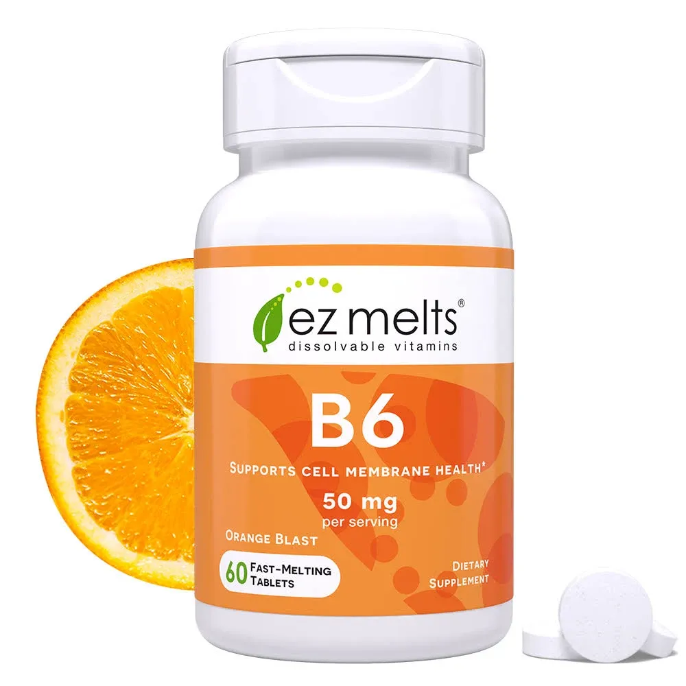 EZ Melts Vitamin B6 Supports Cell Membrane Health, 500 mg 60 Tablets, Orange Flavored, Vegan Dietary Supplements, Dissolvable and Fast Melting