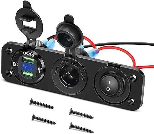 Nilight 4 in 1 Charger Socket Panel Dual QC3.0 USB Charger with LED Voltmeter Display and Cigarette Lighter Socket and Power Cutoff Switch,Avoid Battery Drain Off Switch for UTV ATV,Black, Red