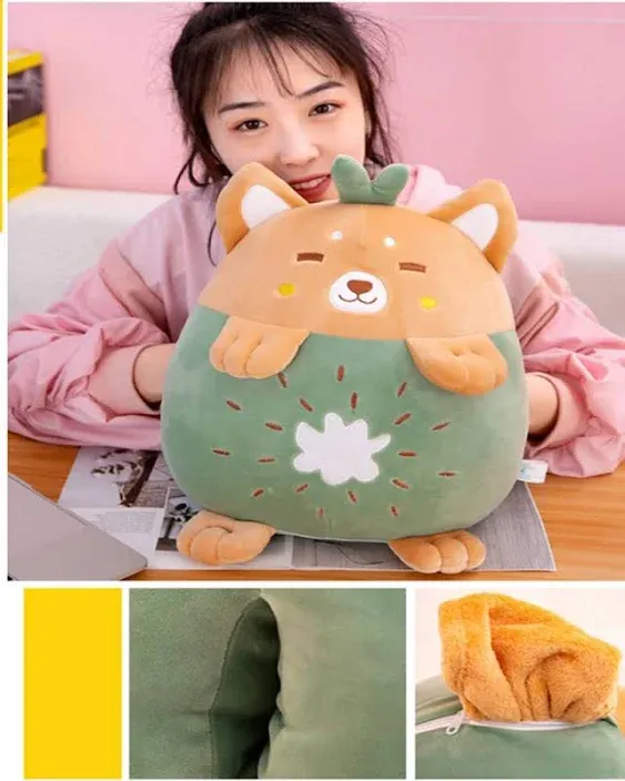 YUDONG 15" Kids Stuffed Animals Travel Blanket and Pillow Set,Cute Dog Plush Pillow with Hand Warmer Design,Perfect for Travel, Camping, Home and Office.