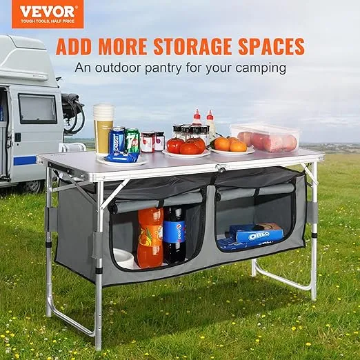VEVOR Camping Kitchen Station, 3 Adjustable Height Folding Outdoor Camp Cooking Table with Storage Organizer, Quick Set-up for Patio BBQ Picnic Glamping Traveling