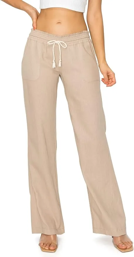 Cali1850 Women's Casual Linen Pants - 32" Inseam Oceanside Drawstring Smocked Waist Lounge Beach Trousers with Pockets