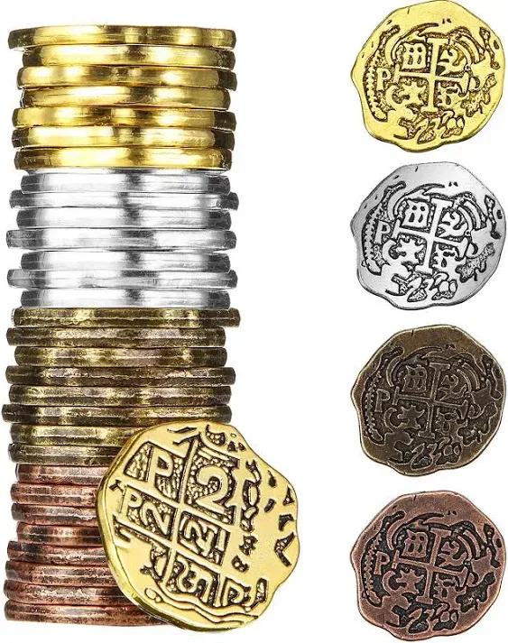 Hicarer 35 Pieces Metal Pirate Coins Chocolate Coins Pirate Gold Coins Fake Coins Pirate Treasure Coin Toys for Party Favor Decorations, Bronze, Red Antique Bronze, Antique Gold and Antique Silver