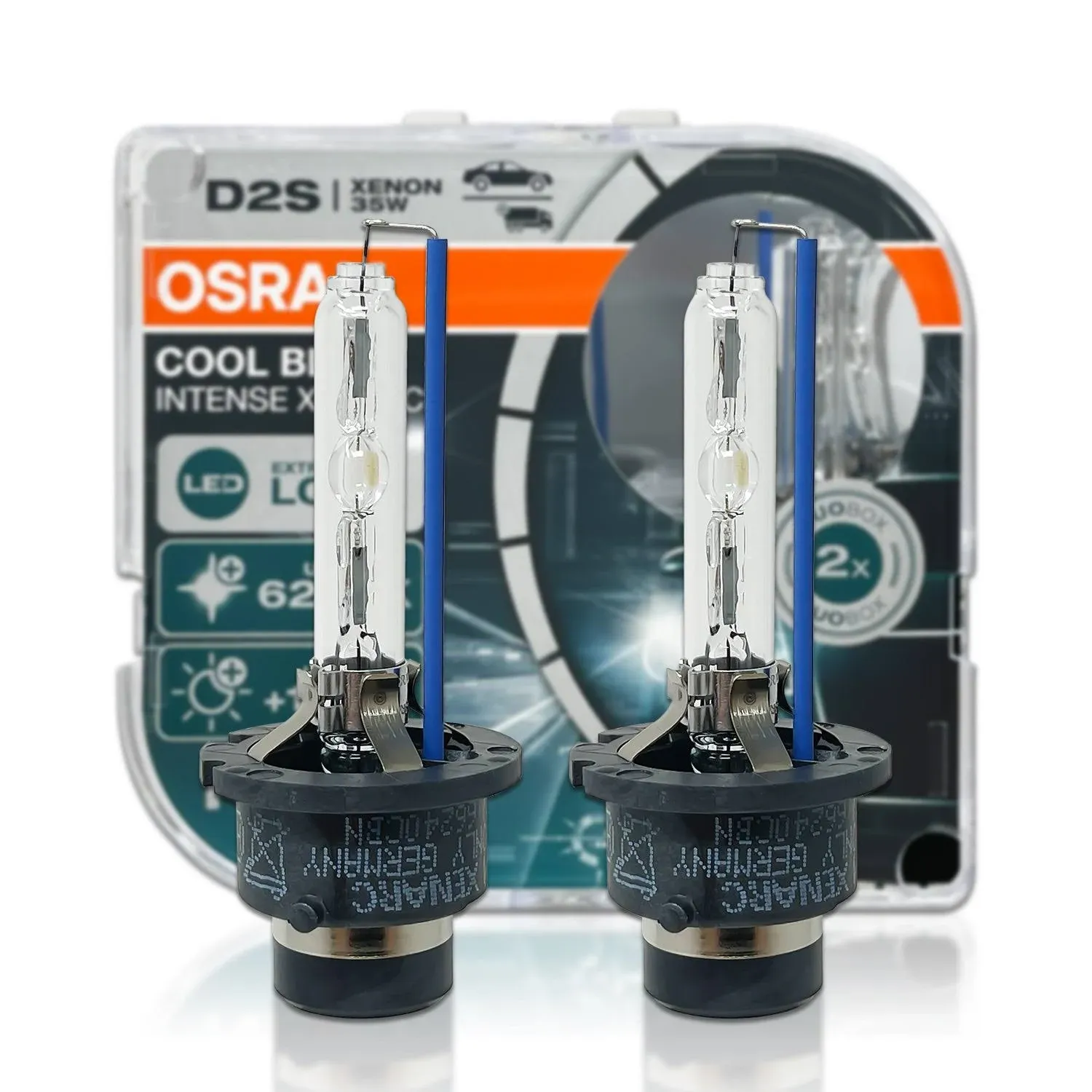 OSRAM XENARC COOL BLUE INTENSE D2S, +150% more brightness, up to 6,200K, xenon headlight lamp, LED look, duo box (2 lamps) 66240CBN-HCB