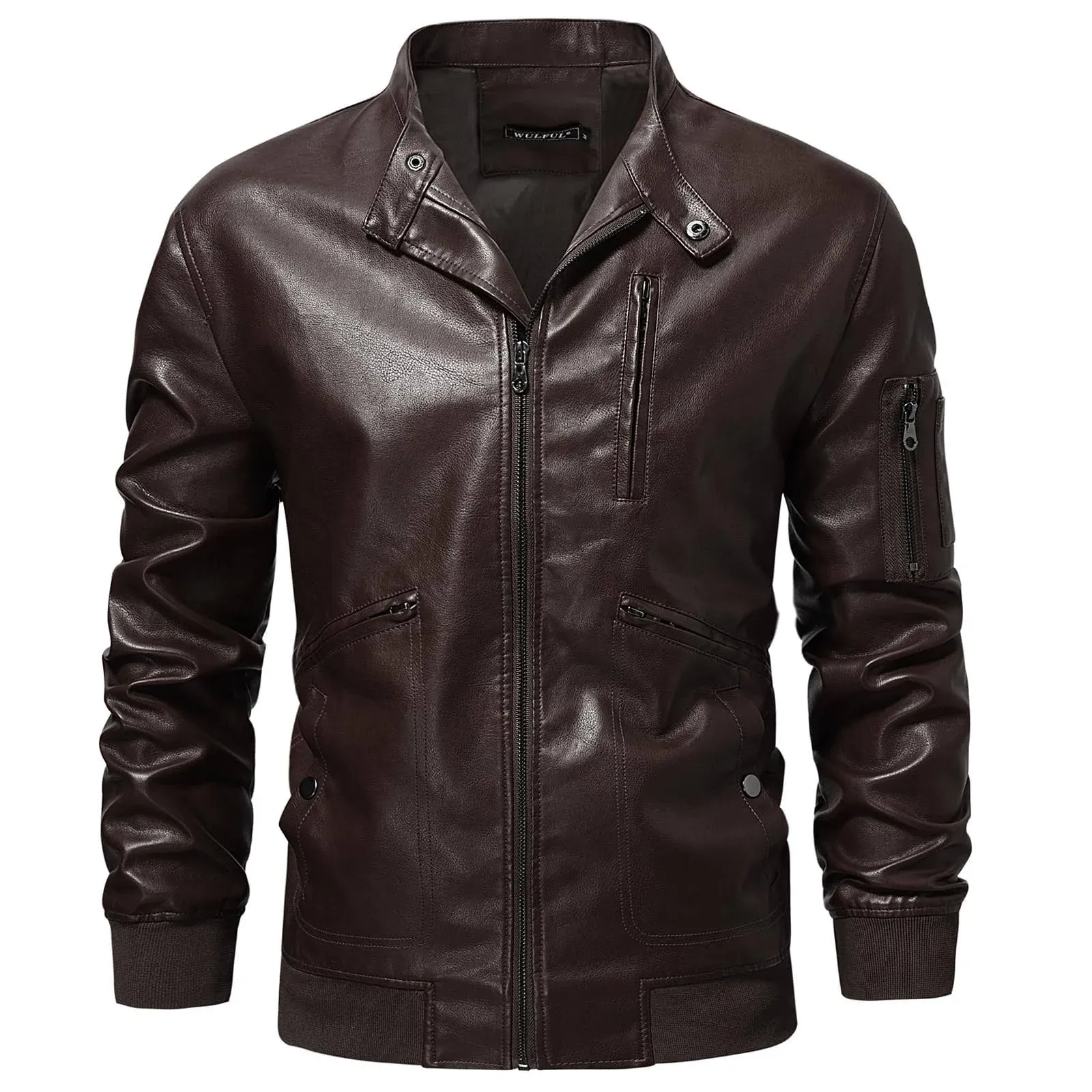 WULFUL Men&#039;s Faux Leather Jacket Stand Collar Lightweight Bomber Jacket