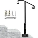 VEVOR Handrails for Outdoor Steps, Fit 1 or 2 Steps Outdoor Stair Railing, Single Post Wrought Iron Handrail, Gray Transitional