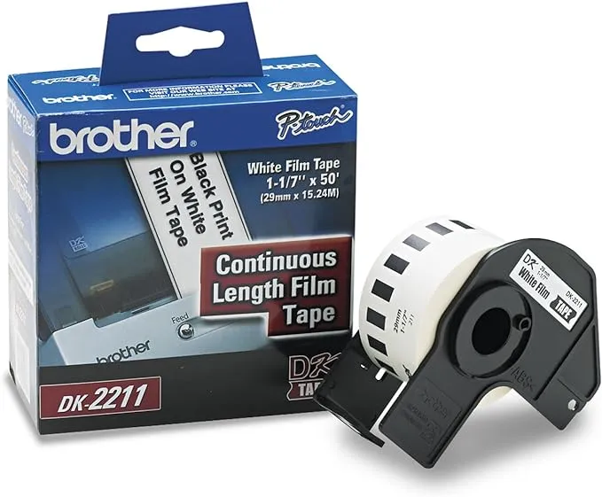 Brother Genuine DK-2211 Continuous Length Black on White Film Tape for Brother QL Label Printers, 1.1" x 50' (29mm x 15.2M), 1 Roll per Box, DK2211