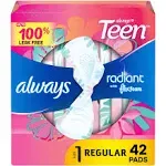 Always Radiant Teen Feminine Pads For Women, Size 1 Regular Absorbency, With Flexfoam, With Wings, Unscented, 42 Count