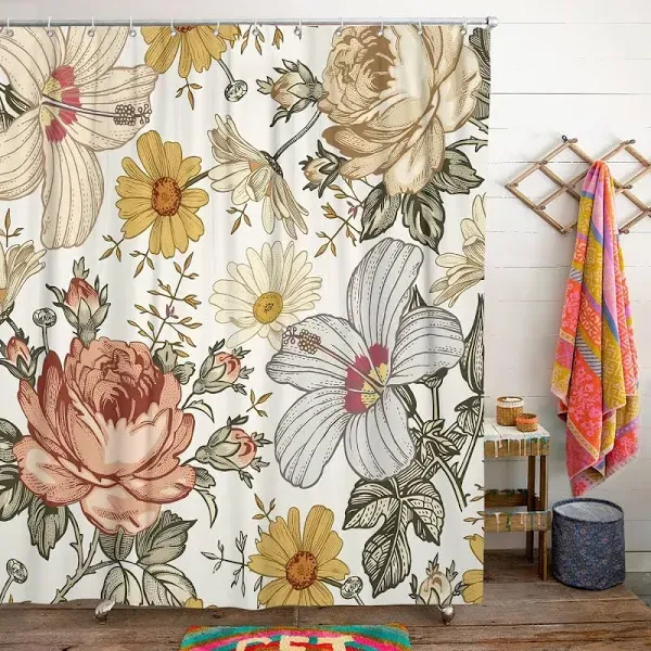 Boho Floral Shower Curtain for Bathroom,Spring Summer Multicolor Peony Daisy Lily ...