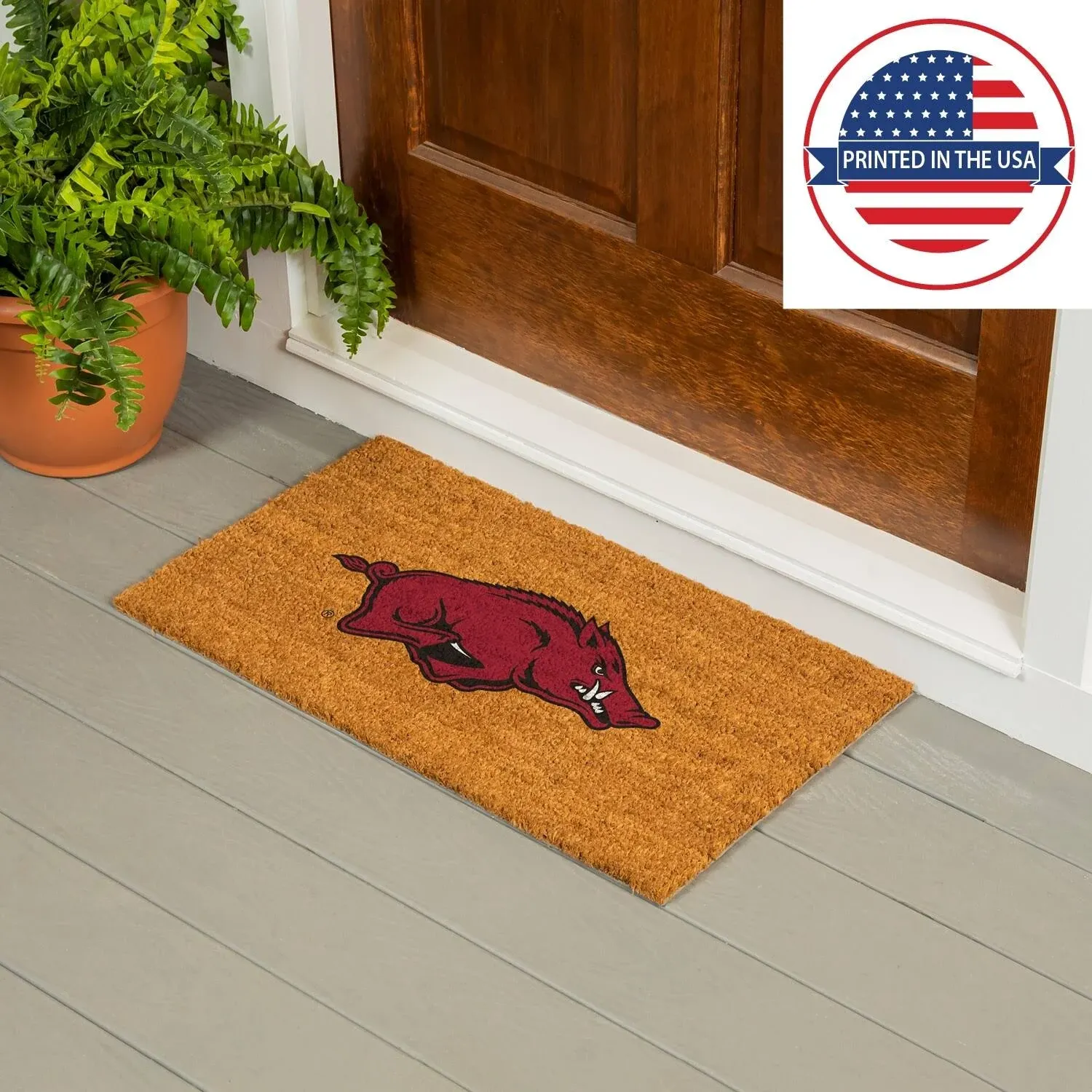 Team Sports America NCAA University of Arkansas Natural Coir Doormat | Official Full Color Team Logo | 28 x 16 Inches | Non Slip Back | Front Door Welcome Floor Mats | Indoor Outdoor Entrance Rug