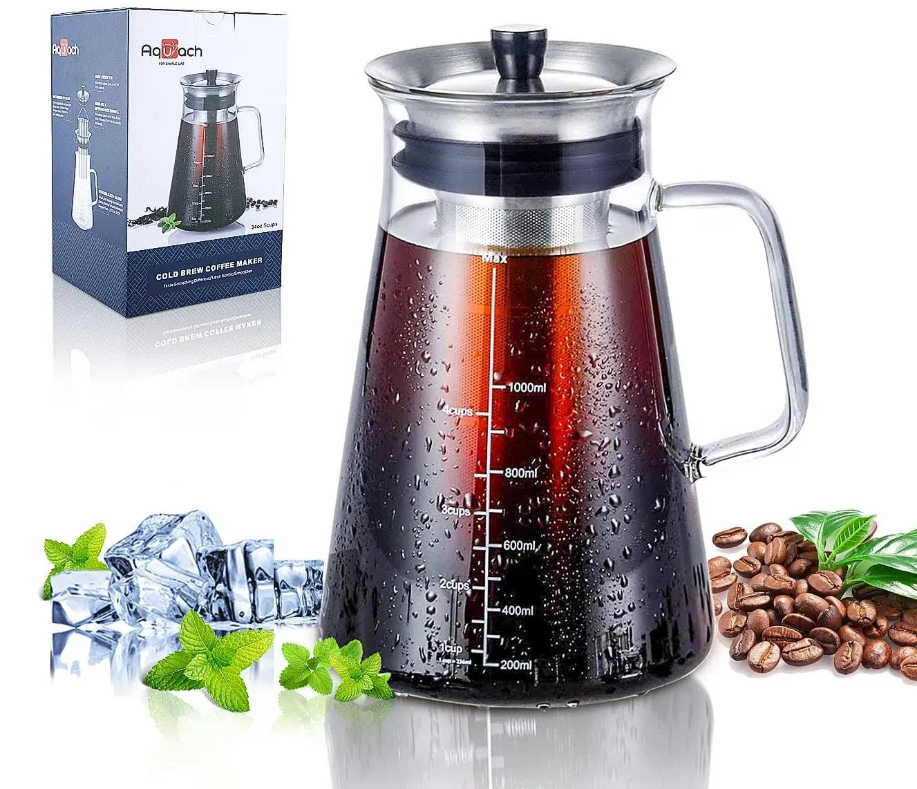 Aquach Cold Brew Coffee Tea Maker 34oz 1L Hand-Blown Glass Pitcher Stainless