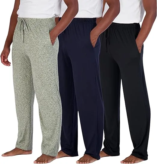 Real Essentials 3 Pack: Men's Soft Pajama Lounge Pants with Drawstring & Pockets - 4-Way Stretch & Wicking-Big & Tall (S-5XL)