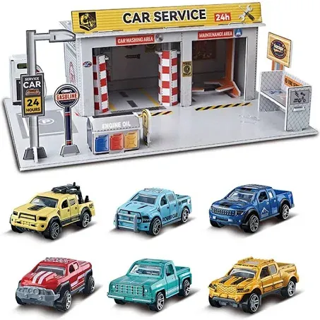 6 Pieces Alloy car Model Toys 1/64 Truck with 3D Scene, Gas Station Maintenance Station for Kids 3 Years Old up (Fuel Station)…