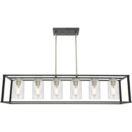 VINLUZ Contemporary Chandeliers 6-Light Brushed Nickel and Black Modern Dining Room Lighting Fixtures with Clear Glass Farmhouse Light Fixture Hanging Pendant for Kitchen Island