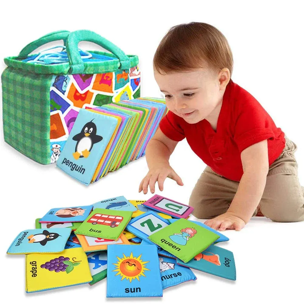 AUVCAS Soft Baby Alphabet Cards 26 Letters Learning Flash Cards with Cloth Bag,Early Educational Toy for Kids Toddlers Babies Infants