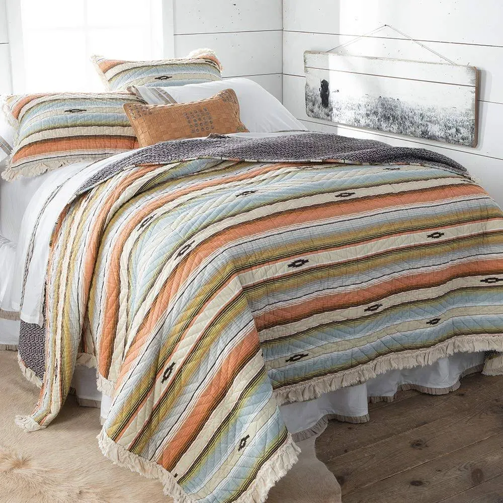 Southwest Ruffle Edged Blue, Orange, Green and Brown Stripe 3 Piece Quilt Set Size Full/Queen