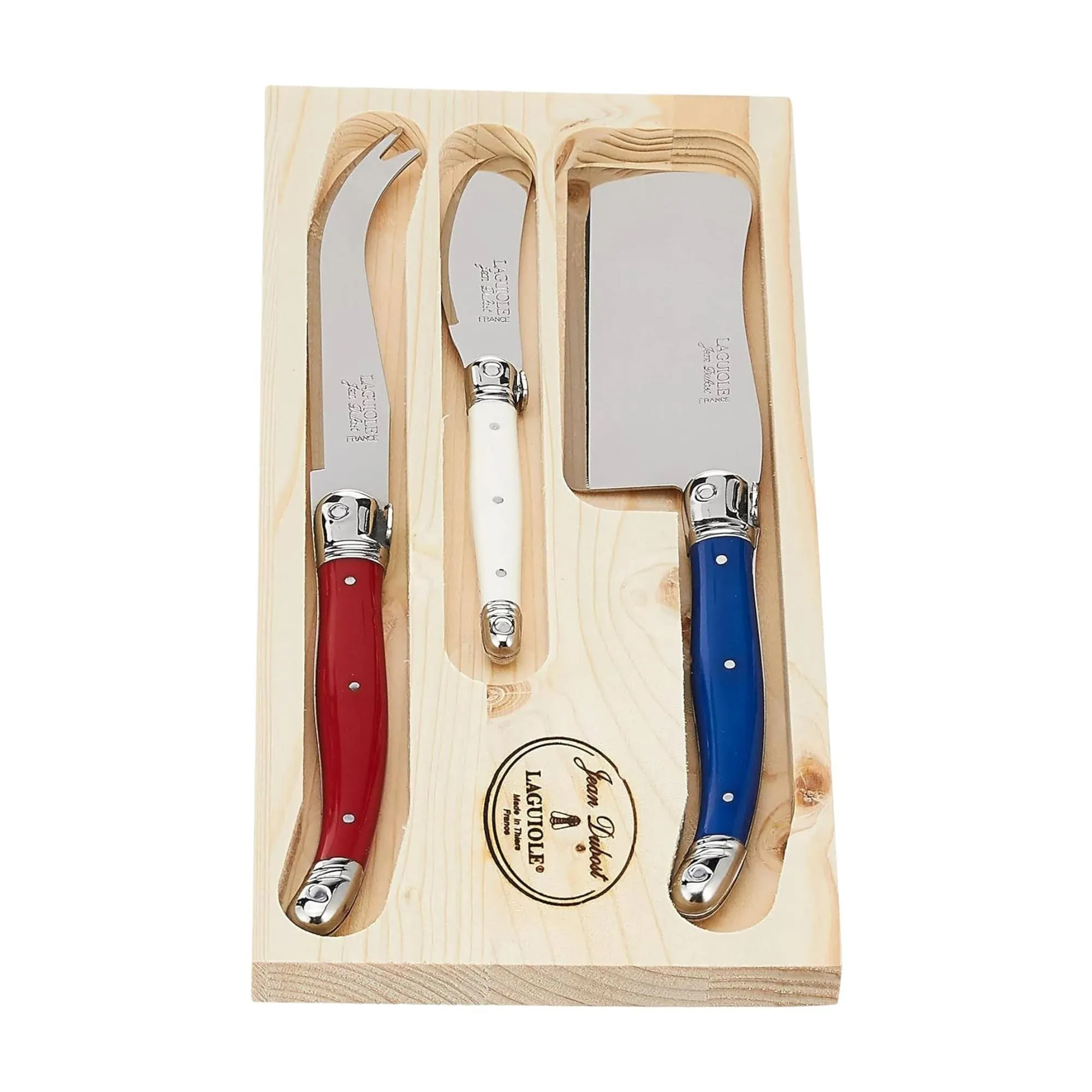 Jean Dubost Laguiole 3-Piece Cheese Knife Set, Paris-Colored Handles - Rust-Resistant Stainless Steel - Includes Wooden Tray - Made in France