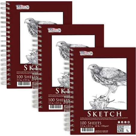 U.S. Art Supply 5.5" x 8.5" Sketch Book Pad, Pack of 3, 100 Sheets Each, 60lb (100gsm) - Spiral Bound Artist Sketching Drawing Paper Pad, Acid-Free - Graphite Colored Pencils, Charcoal - Adult Student