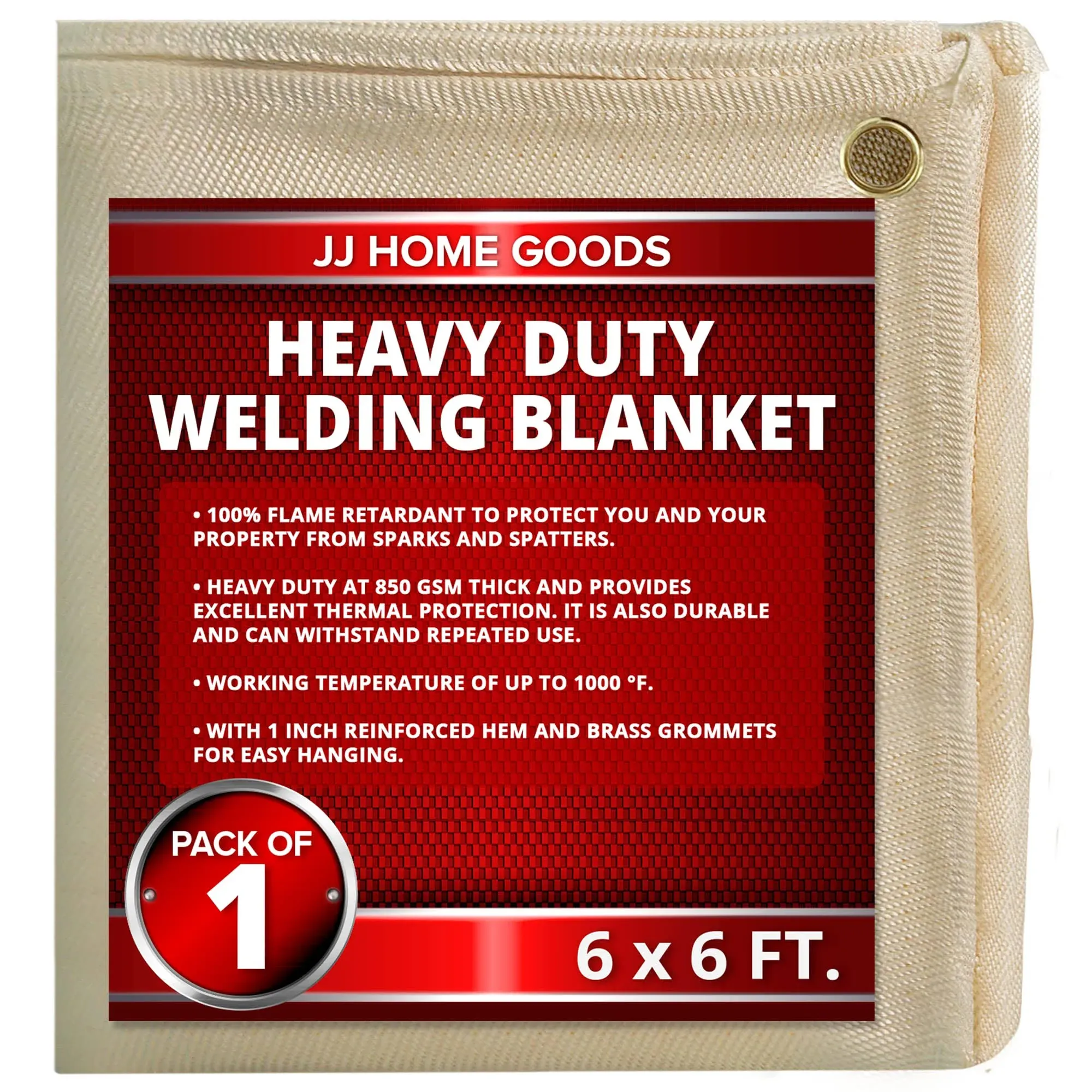 JJ CARE Welding Blanket - 1 Pack 6ft x 6ft Welding Mat - 850GSM Fiberglass Welding Blanket with Brass Grommets, Welders Blanket for Grill, Smoker Welding Blanket Heavy Duty, Welding Tarp & Shield