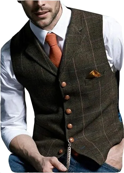 Casual Men's Vest for Wedding Plaid Soft Wool Tweed Waistcoat for Groosmen Best Man