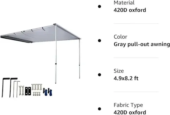 DANCHEL OUTDOOR Car Overlanding Awning Pull-Out Vehicle Shades, Waterproof Roof Rack Truck Side Awning Shelter SUV Canopy Camper Tent Gray(4.9x8.2ft)