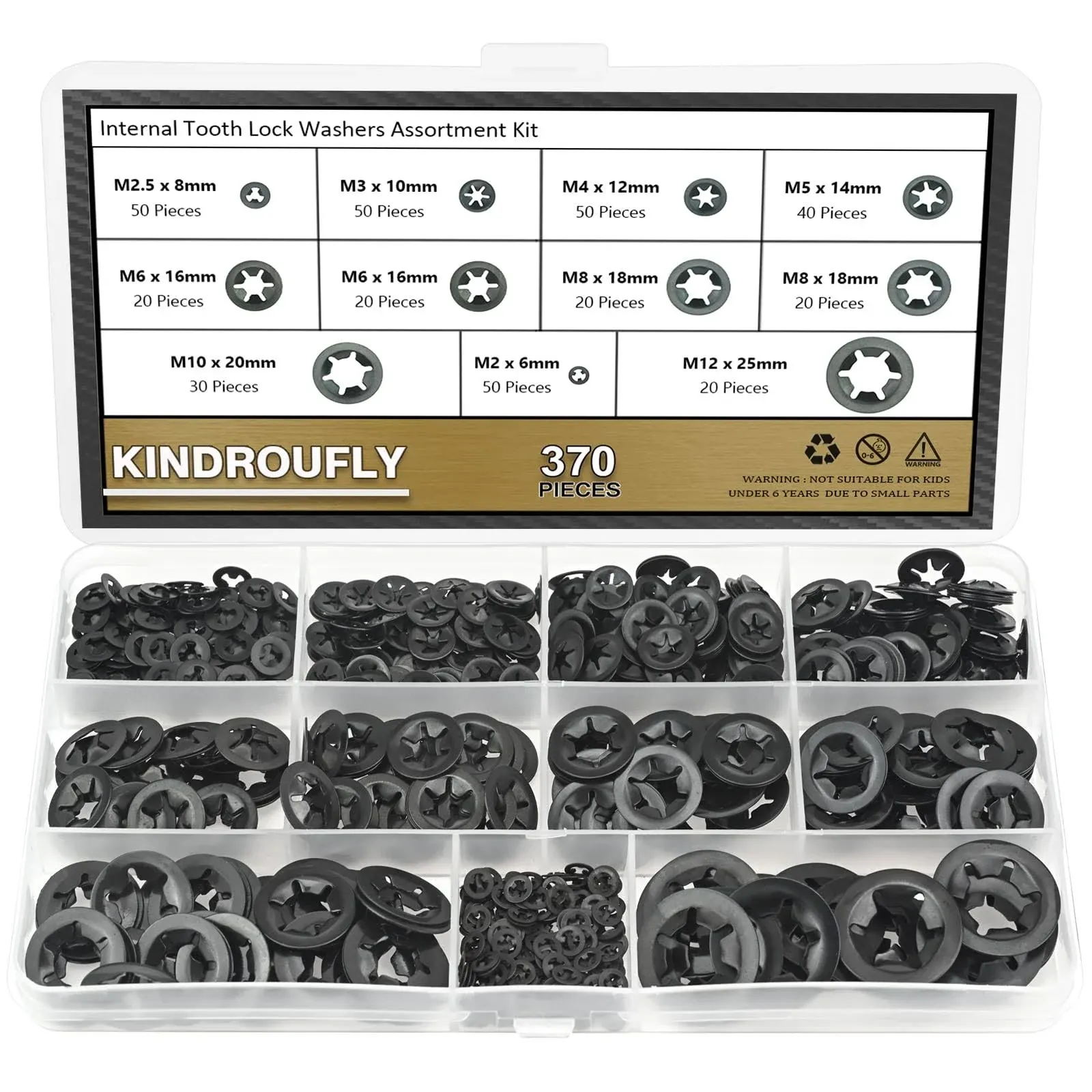 370 Pieces Internal Tooth Star Lock Washers, Kindroufly 9 Sizes Quick Speed Locking Washers, Push on Retaining Clips Assortment Kit (M2, M2.5, M3, M4, M5, M6, M8, M10, M12)