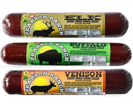 PEARSON RANCH SINCE 1959 Game Meat Summer Sausage Variety Pack of 3 Elk, Buffalo, Venison, Exotic Meat, Summer Sausage Pack, Gluten-Free, MSG-Free