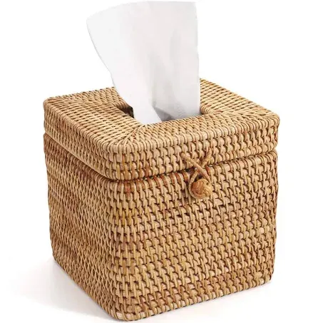 Rattan Square Tissue Box Cover, 5.7" x 5.7" x 5", Decorative Woven Facial Tissue Holder with Hinged Top Lid, Natural Color