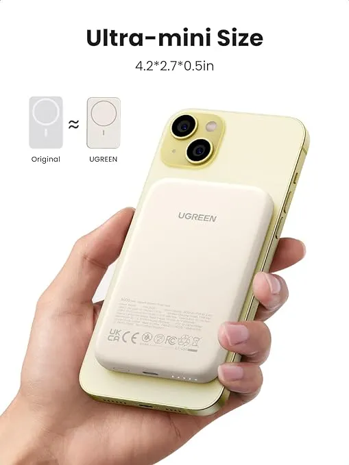 UGREEN Magnetic Power Bank, Slim 5,000mAh Wireless Portable Charger, PD Fast Charging Battery Pack with USB-C for Magsafe, iPhone 16/15/15 Plus/15 Pro/15 Pro Max, iPhone14/13/12 Series, White