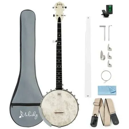 5 String Banjo, Mulucky Full Size with 24 Brackets Banjo, Open Back, Maple Banjos with Remo Head, Geared 5th Tuner, Gift Package with Beginner Kit - MB1101