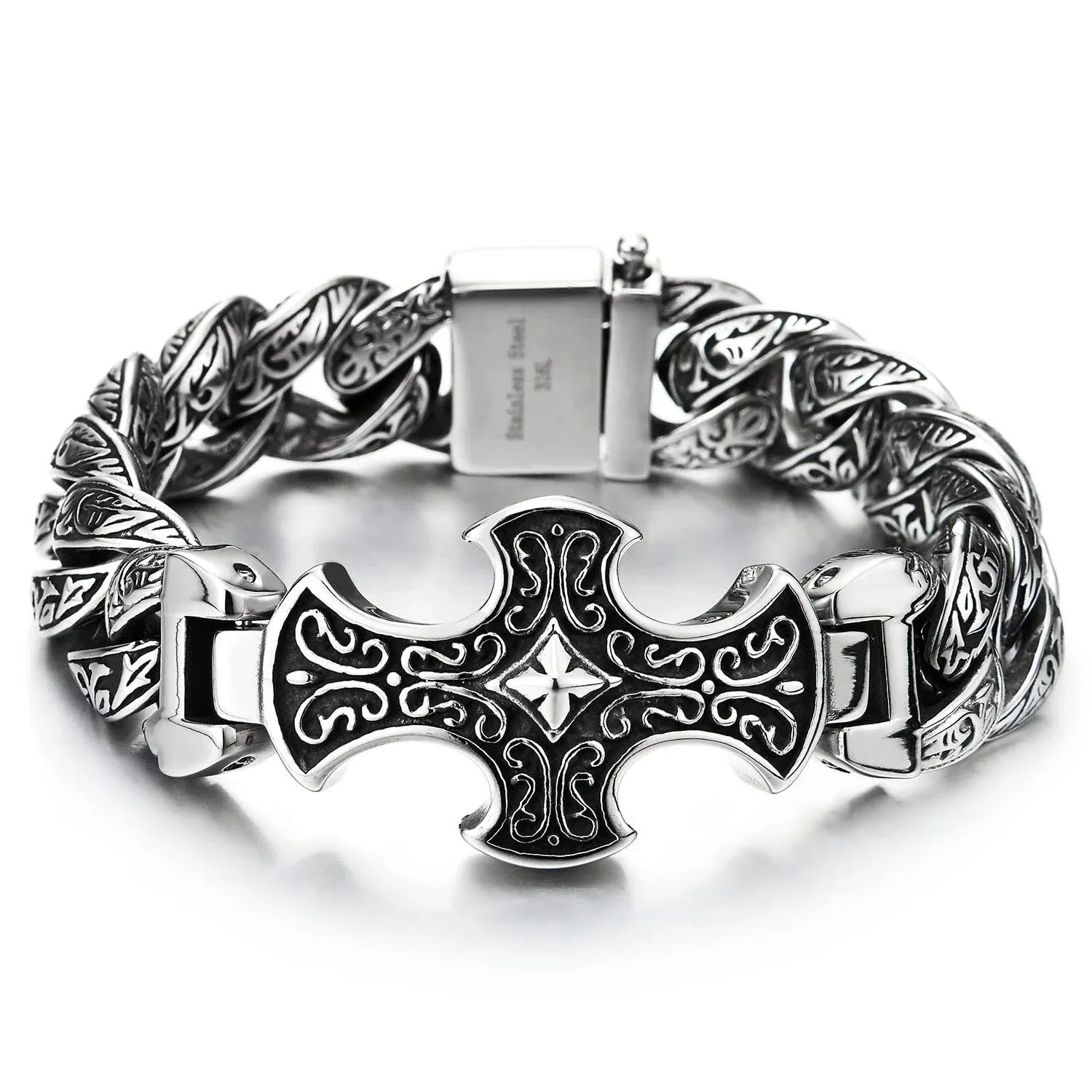 COOLSTEELANDBEYOND Mens Large Steel Tribal Tattoo Pattern Vintage Cross ID Identification Fancy Curb Chain Bracelet