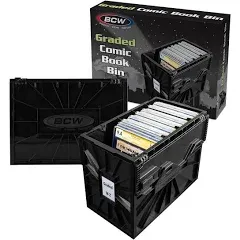 BCW Graded Comic Book Bin, Black 2 Pack - For ~30 Graded Comic Book Slabs | Acid Free Comic Book Storage Organizer | Heavy Duty Plastic Comic Storage Box | Stackable Comics Short Box | With Partition