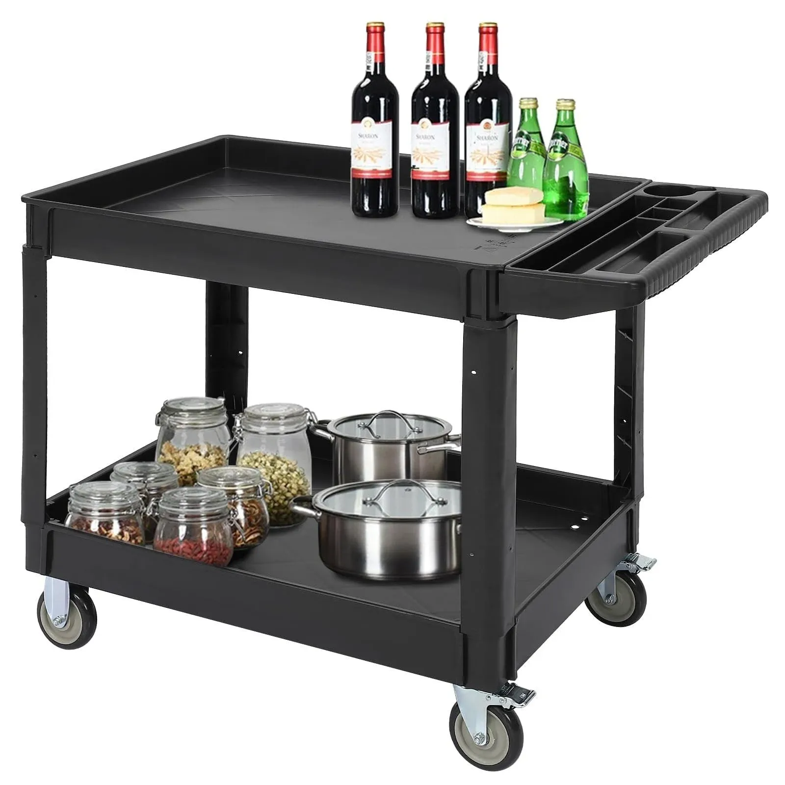 Service Utility Cart 2-Shelf Utility/Service Cart, 500-Pound Capacity, Storage Handle, for Warehouse/Garage/Cleaning/Manufacturing/Kitchen/Office，45"X25", Black