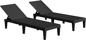 Greesum Outdoor Chaise Lounge Chairs Set of 2 with 5-Position Adjustable Backrest, Waterproof PE Sun Loungers for Garden Pool Beach Patio Deck Sunbathing, Light Coffee