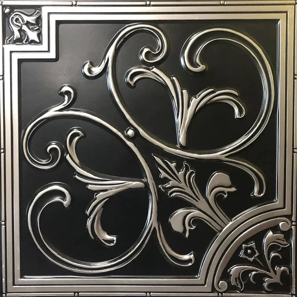 204as-24x24-10 Lilies and Swirls PVC 2' x 2' Lay-in or Glue-up Ceiling Tile (Covers / 40 sq.ft), Antique Silver, 10