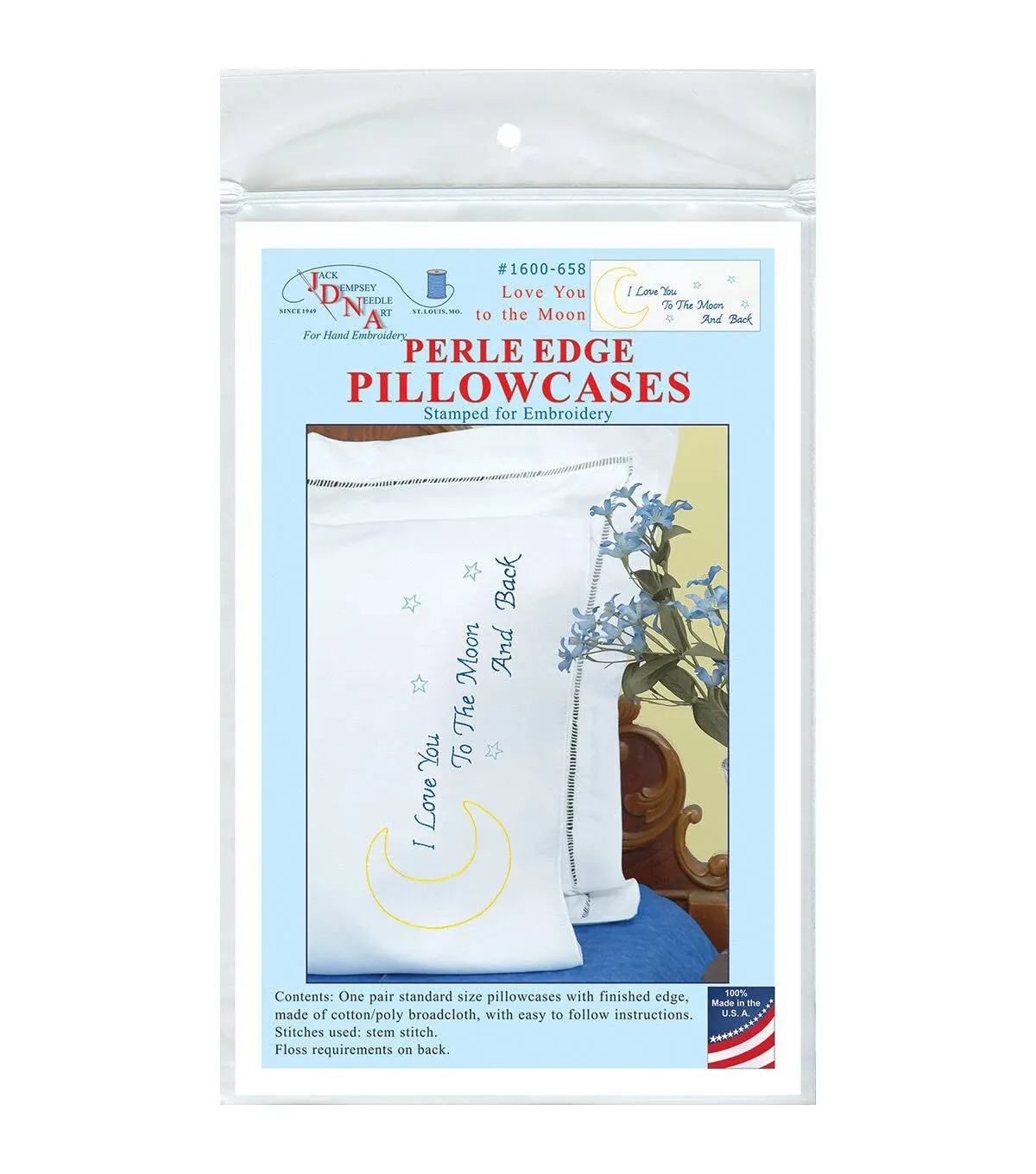 Jack Dempsey Stamped Pillowcases W-WHITE Perle Edge 2-pkg-love You to The Moon