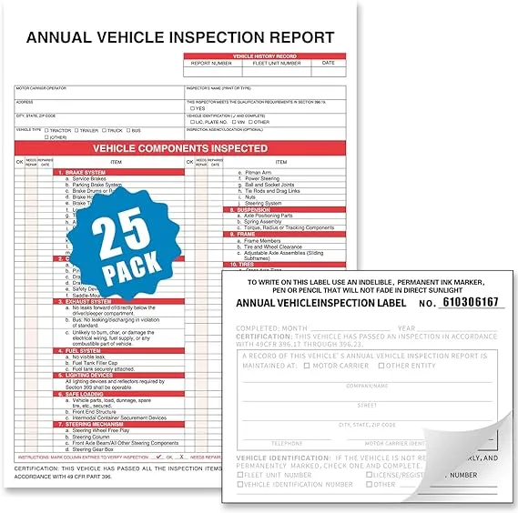 Annual Vehicle Inspection Report Form 25-pk 3-Ply Carbonless, 8.5" x 11.75" + 2-Ply Vinyl with Mylar Laminate Label 5" x 4"