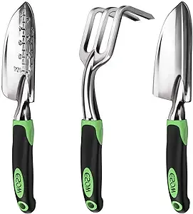 ESOW Garden Tool Set, 3 Piece Cast-Aluminum Heavy Duty Gardening Kit includes Hand Trowel, Transplant Trowel and Cultivator Hand Rake with Soft Rubberized Non-Slip Ergonomic Handle, Garden Gifts