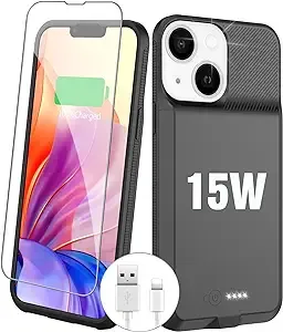 GIN FOXI Fast Charging Battery Case for iPhone 13/13 Pro/14/14 Pro, 15W Wireless Charger Slim Travel 7000mAh Power Bank Anti-Slip TPU Extra Pack for iPhone 13/13Pro/14/14Pro, Black (6.1”)